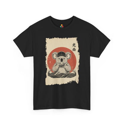 Vintage Japanese ukiyo-e style koala holding camera with red sun and waves.​
