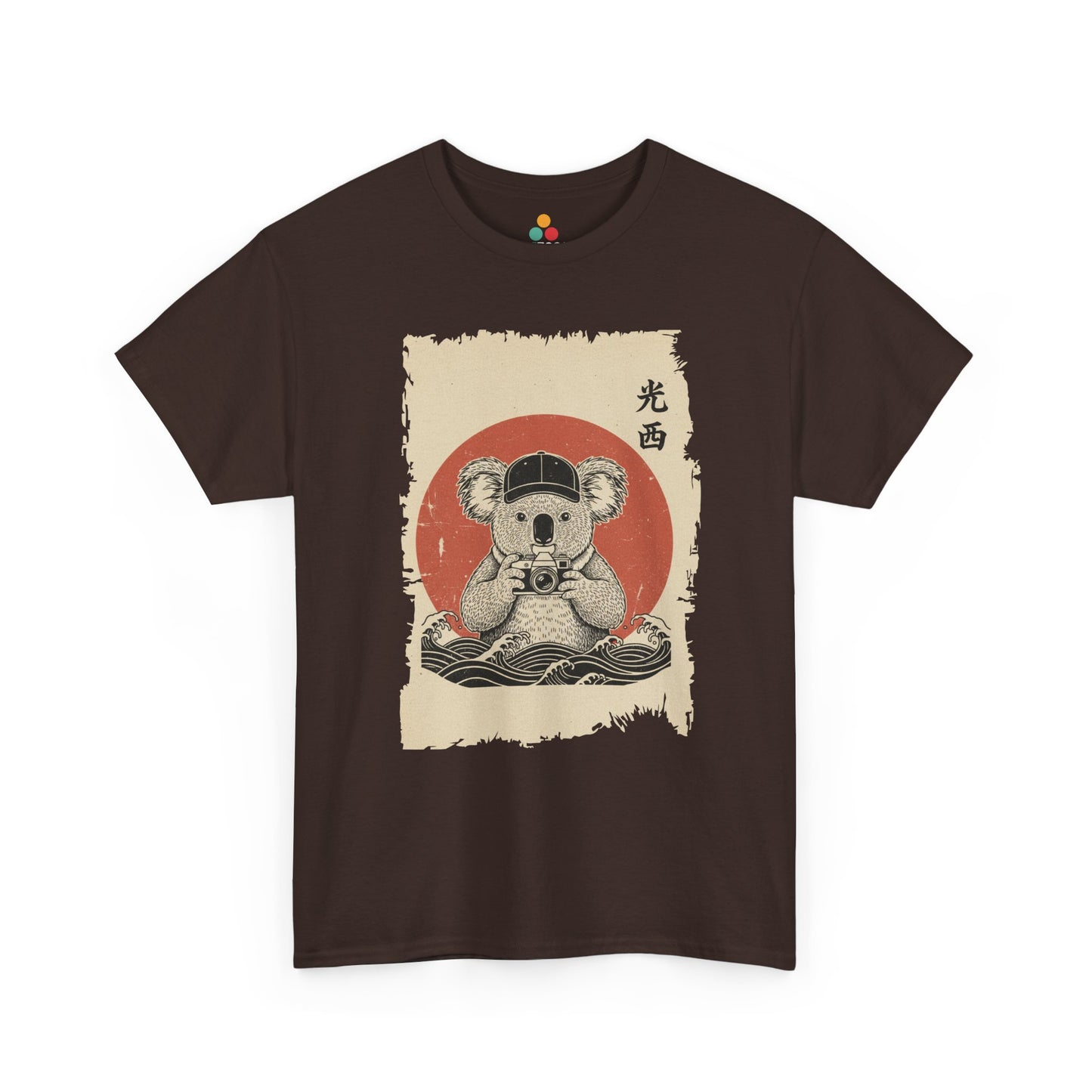 Vintage Japanese ukiyo-e style koala holding camera with red sun and waves.​ On Brown shirt