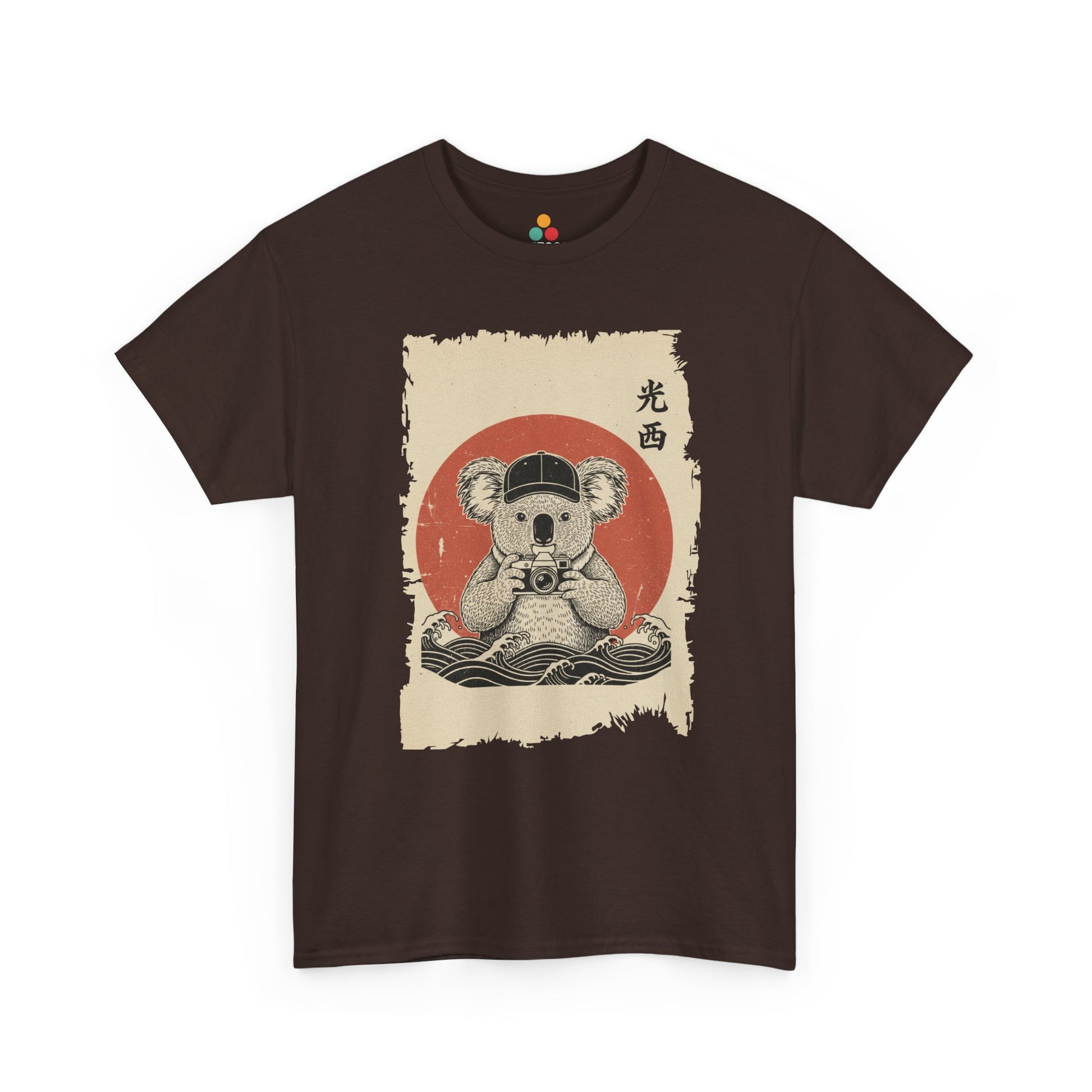 Vintage Japanese ukiyo-e style koala holding camera with red sun and waves.​ On Brown shirt