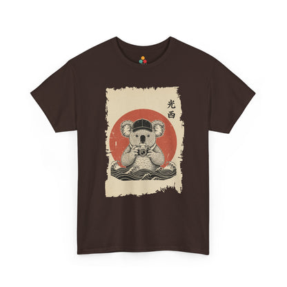 Vintage Japanese ukiyo-e style koala holding camera with red sun and waves.​ On Brown shirt