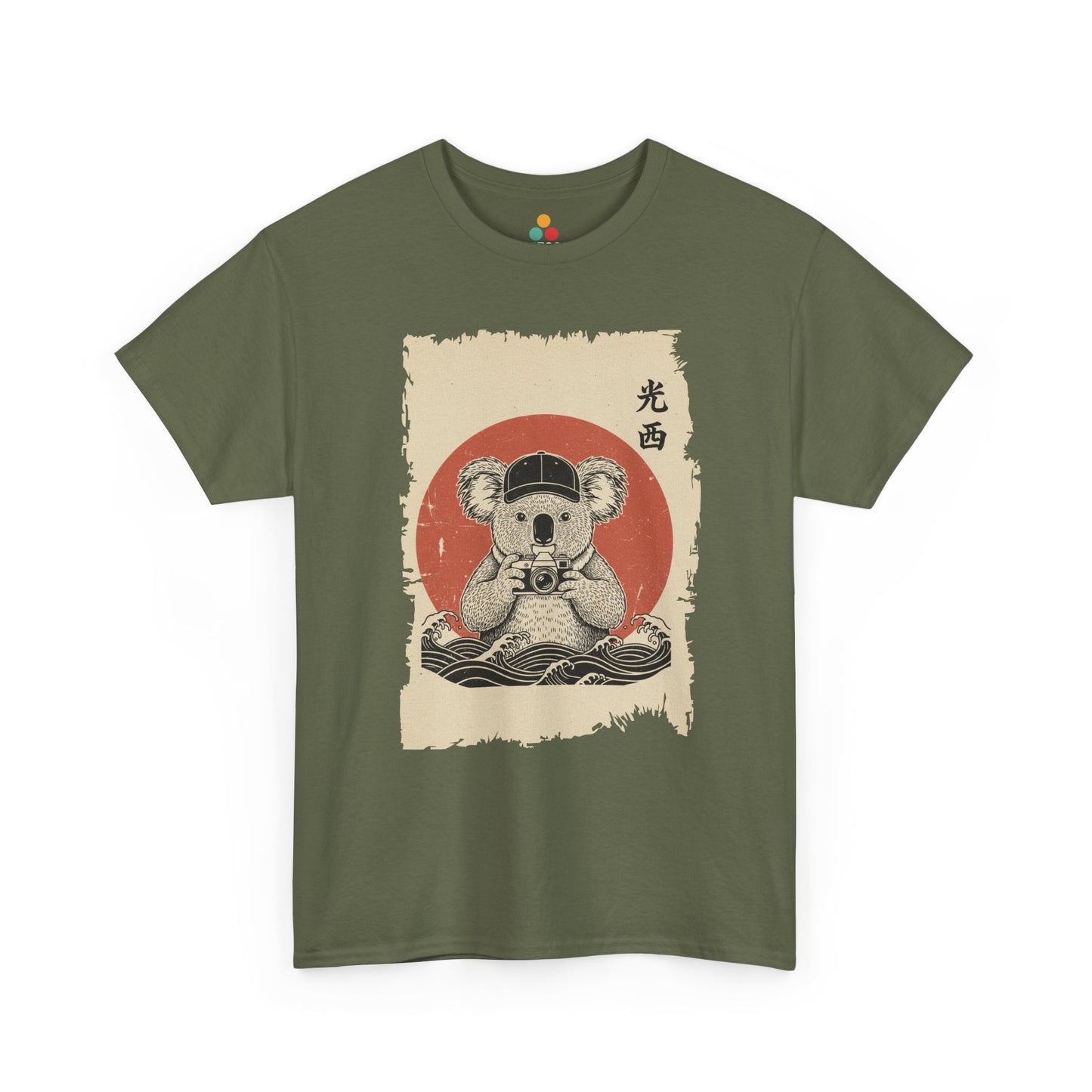 Vintage Japanese ukiyo-e style koala holding camera with red sun and waves.​ On Green shirt