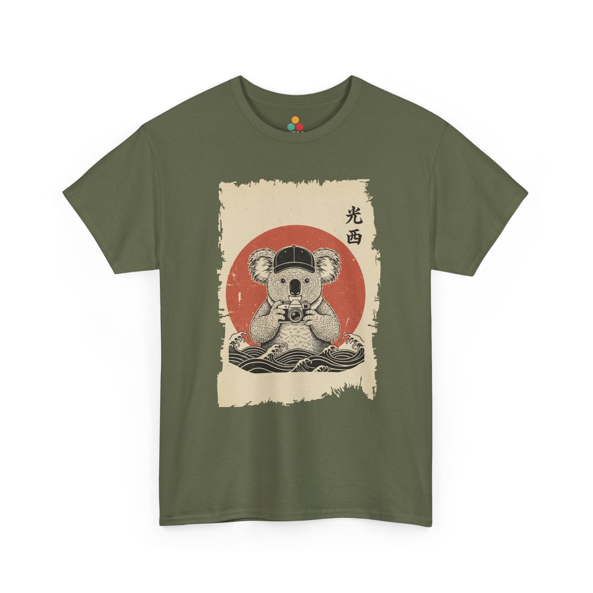 Vintage Japanese ukiyo-e style koala holding camera with red sun and waves.​ On Green shirt