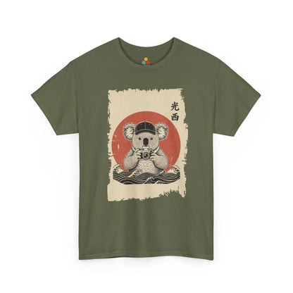 Vintage Japanese ukiyo-e style koala holding camera with red sun and waves.​ On Green shirt