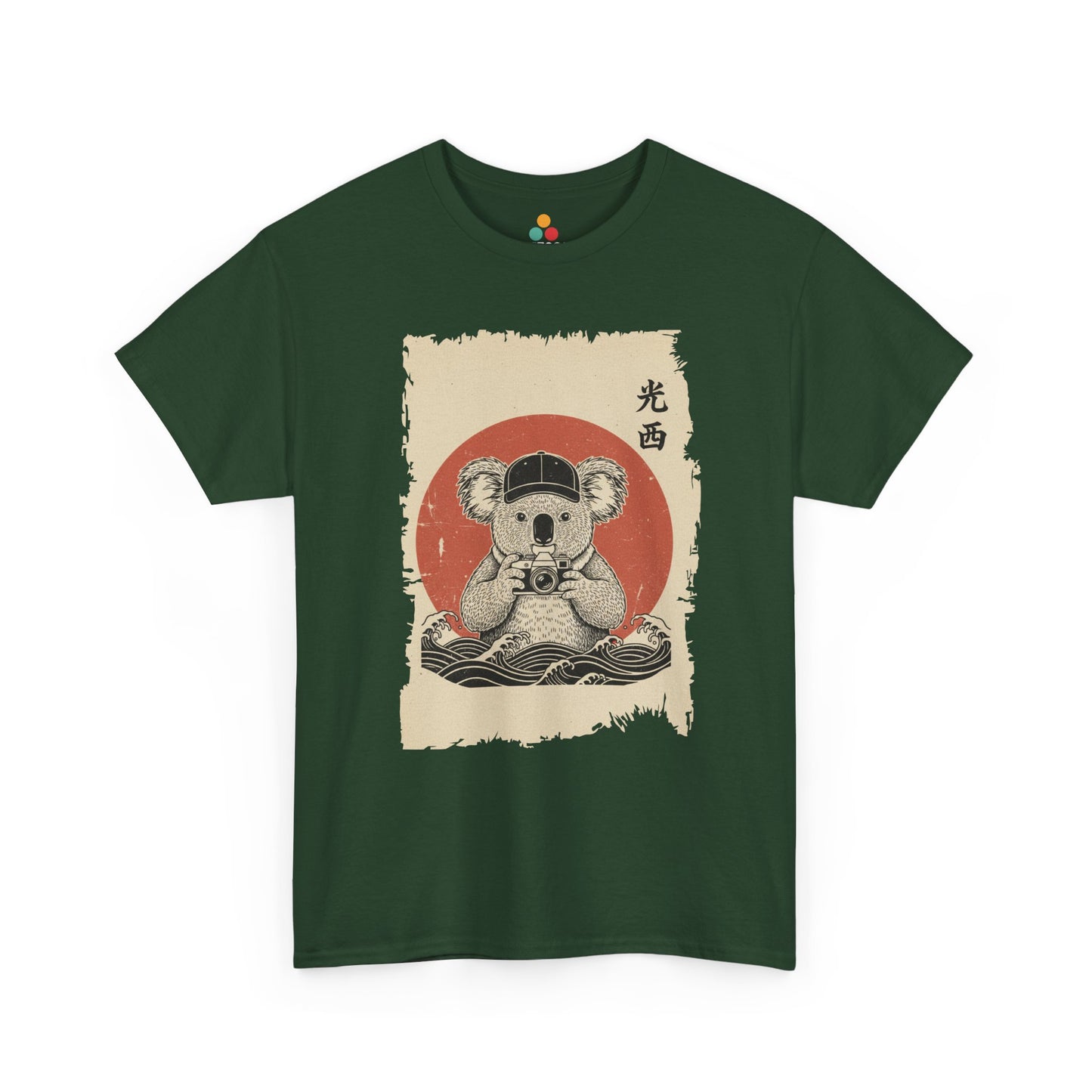 Vintage Japanese ukiyo-e style koala holding camera with red sun and waves.​ On Green shirt