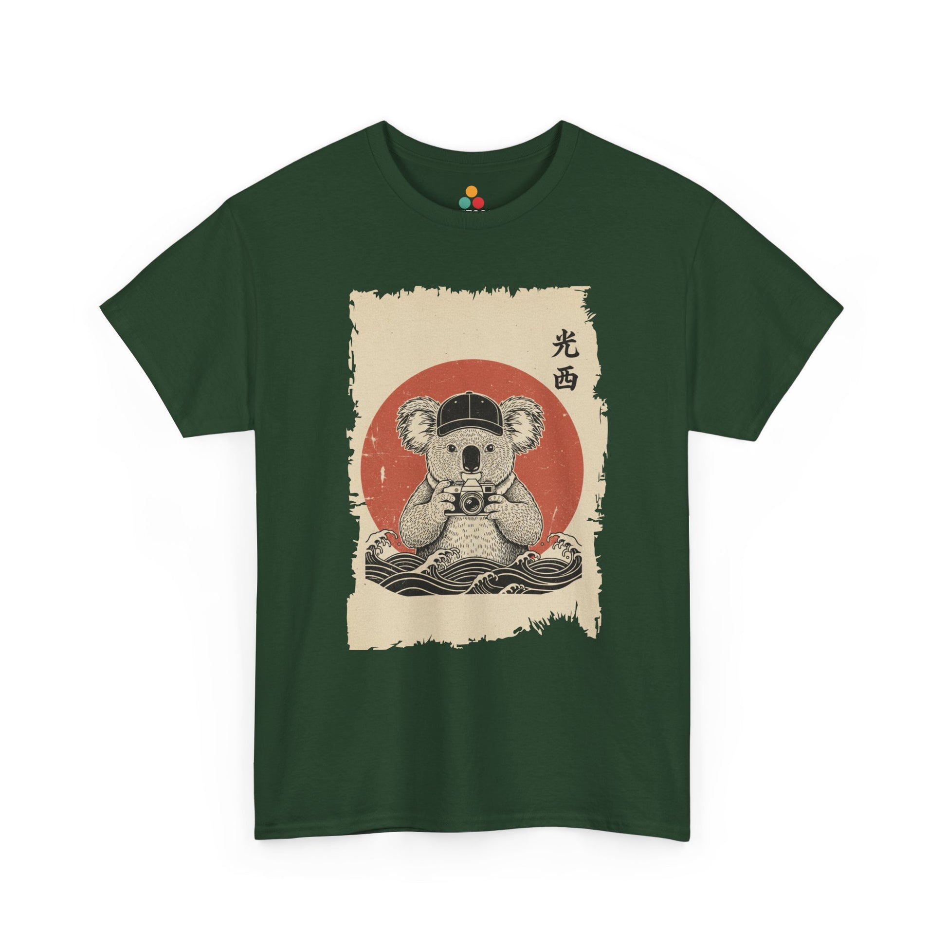 Vintage Japanese ukiyo-e style koala holding camera with red sun and waves.​ On Green shirt