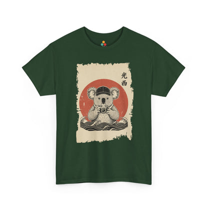 Vintage Japanese ukiyo-e style koala holding camera with red sun and waves.​ On Green shirt