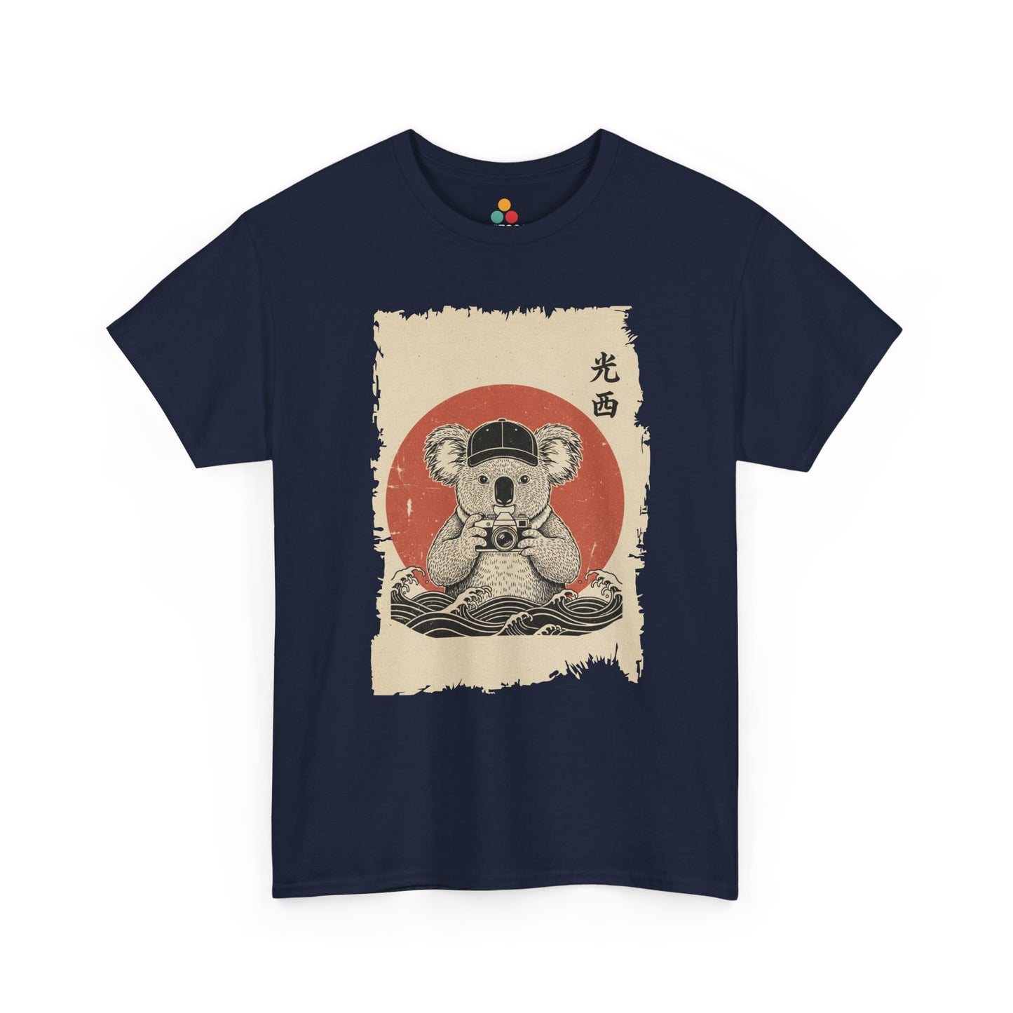 Vintage Japanese ukiyo-e style koala holding camera with red sun and waves.​ On Navy Blue shirt