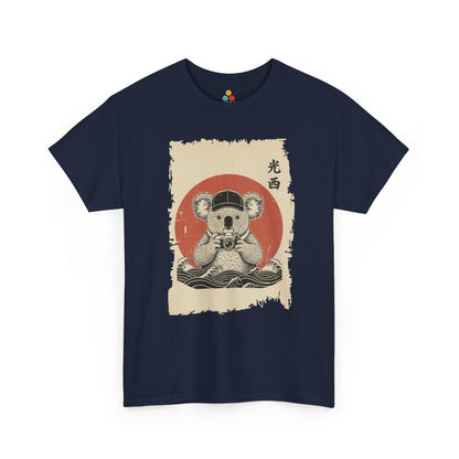 Vintage Japanese ukiyo-e style koala holding camera with red sun and waves.​ On Navy Blue shirt