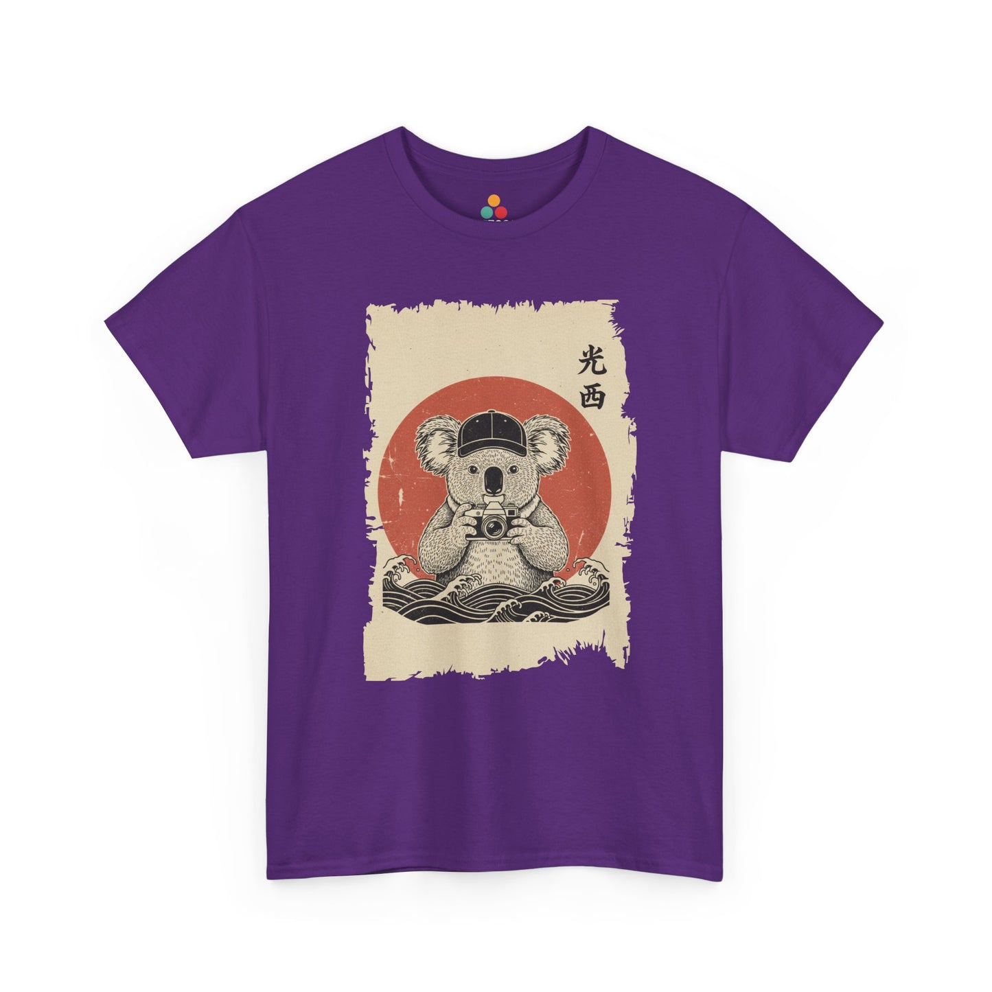 Vintage Japanese ukiyo-e style koala holding camera with red sun and waves.​ On Purple shirt