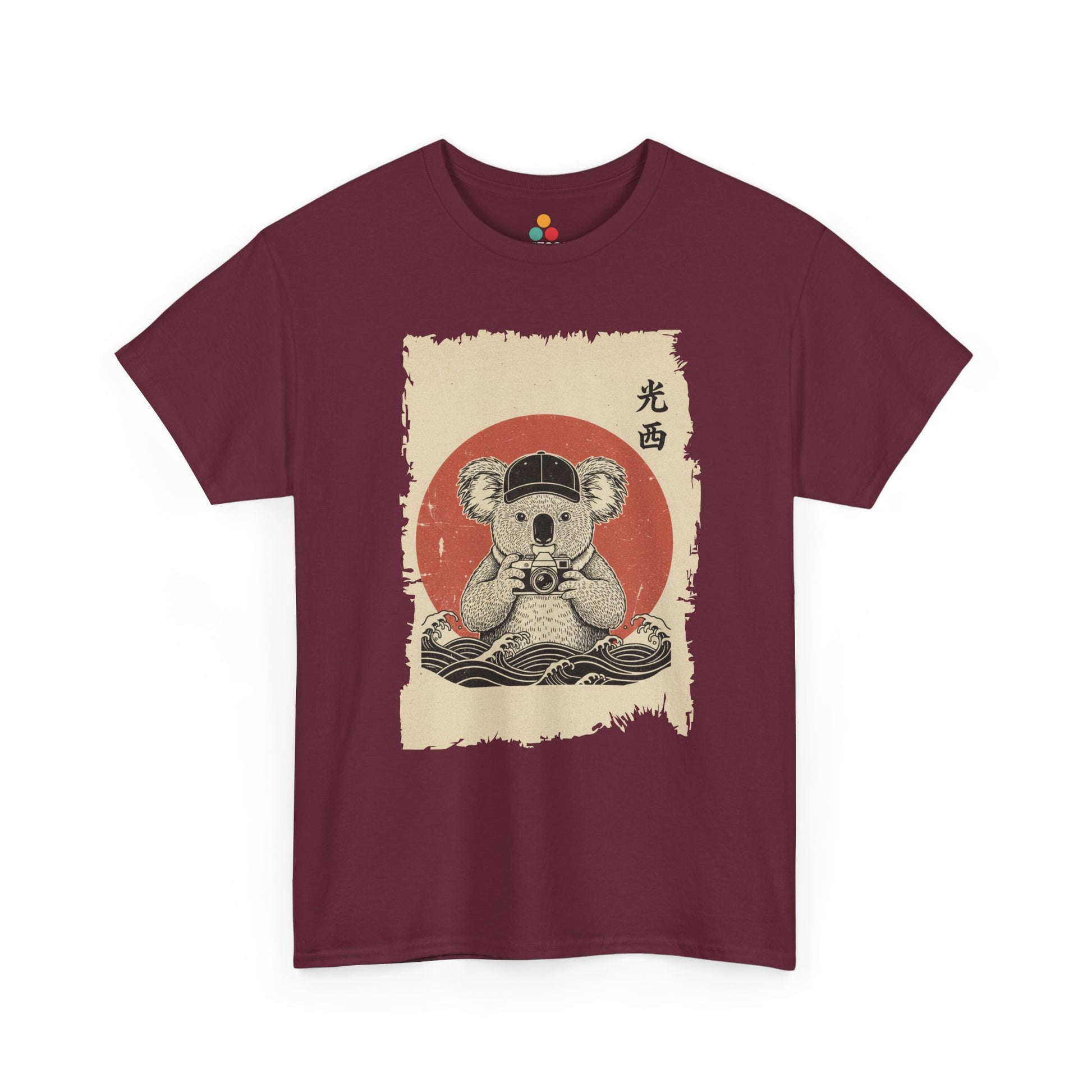 Vintage Japanese ukiyo-e style koala holding camera with red sun and waves.​ On maroon shirt