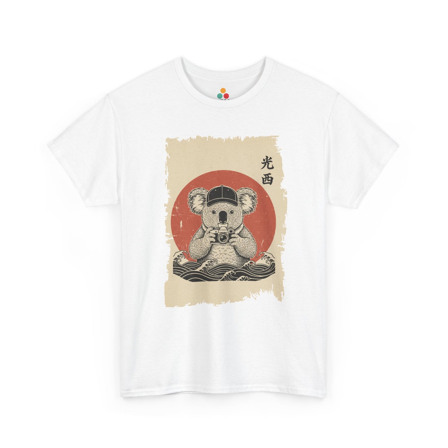 Vintage Japanese ukiyo-e style koala holding camera with red sun and waves.​