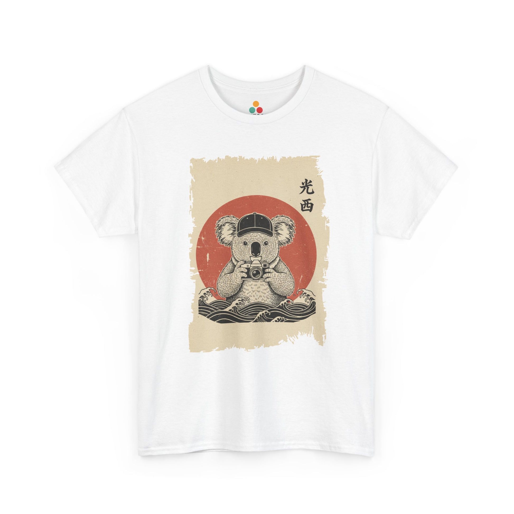 Vintage Japanese ukiyo-e style koala holding camera with red sun and waves.​