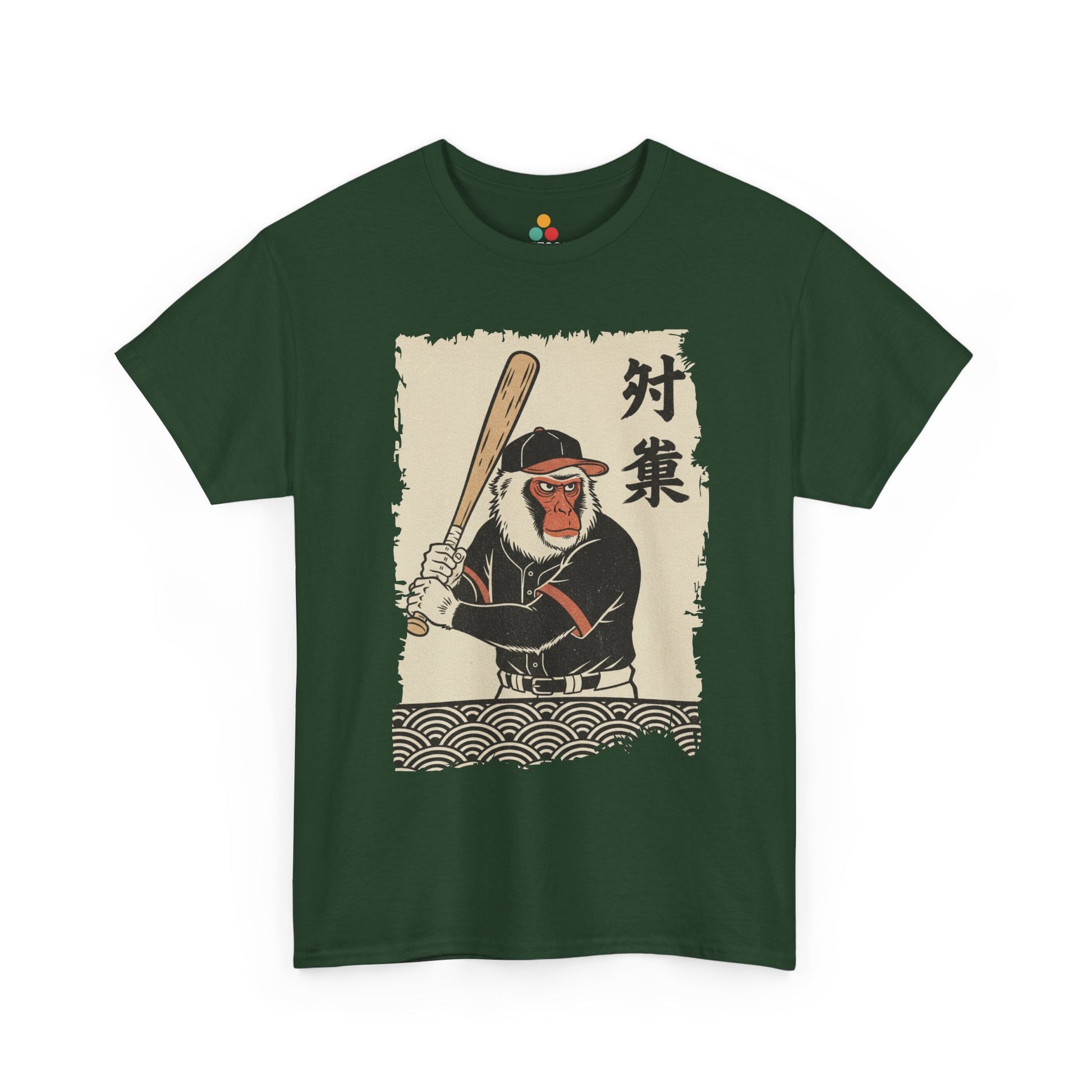 Vintage Japanese ukiyo-e style monkey baseball batter swinging bat with waves​ ON A Green TEE shirt