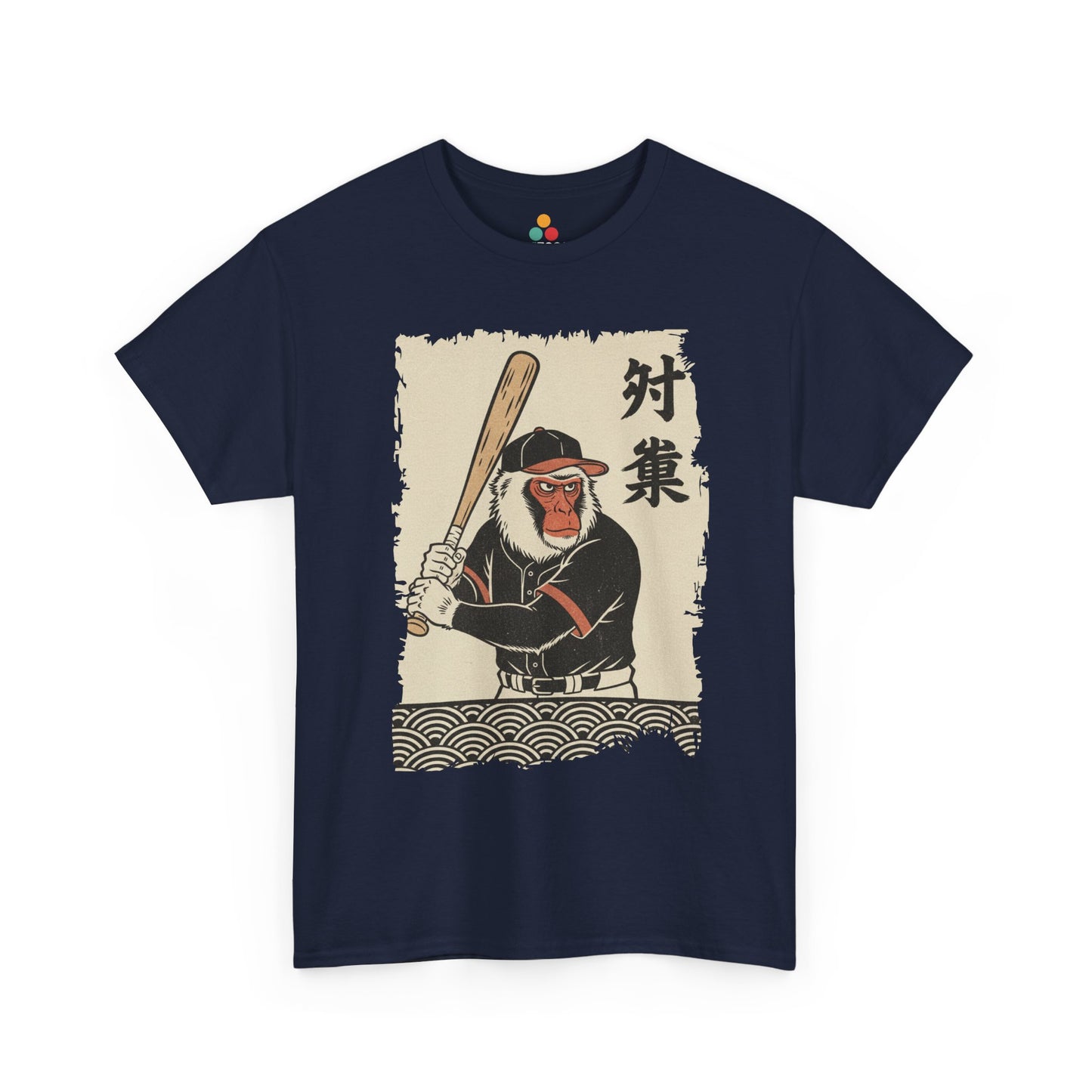Vintage Japanese ukiyo-e style monkey baseball batter swinging bat with waves​ ON A Navy TEE shirt