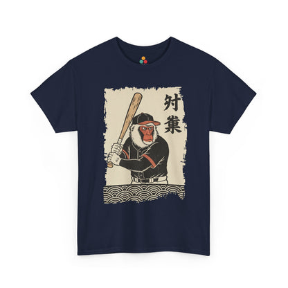 Vintage Japanese ukiyo-e style monkey baseball batter swinging bat with waves​ ON A Navy TEE shirt
