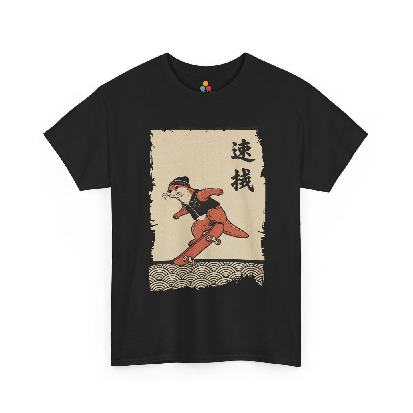 Vintage Japanese ukiyo-e style otter skateboarding with waves and calligraphy on parchment background​

