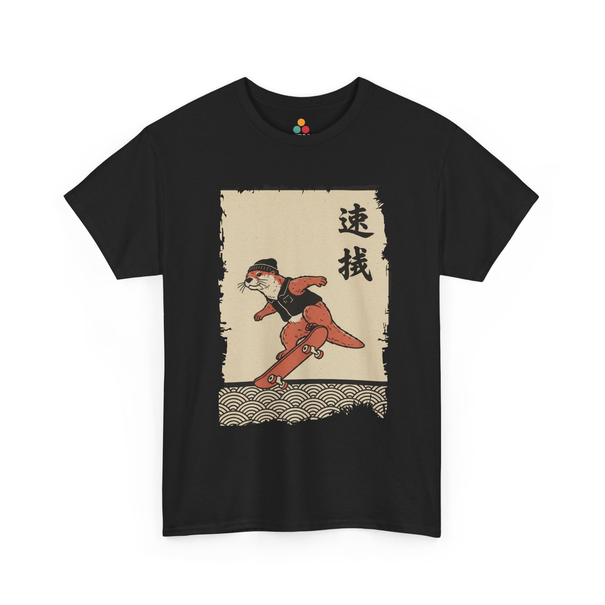 Vintage Japanese ukiyo-e style otter skateboarding with waves and calligraphy on parchment background​

