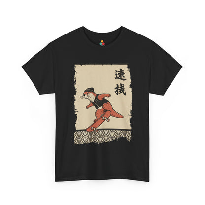 Vintage Japanese ukiyo-e style otter skateboarding with waves and calligraphy on parchment background​

