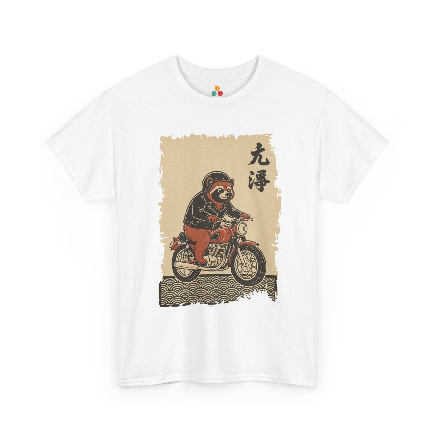 Vintage Japanese ukiyo-e style raccoon biker on motorcycle with wave pattern.​

