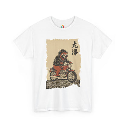 Vintage Japanese ukiyo-e style raccoon biker on motorcycle with wave pattern.​


