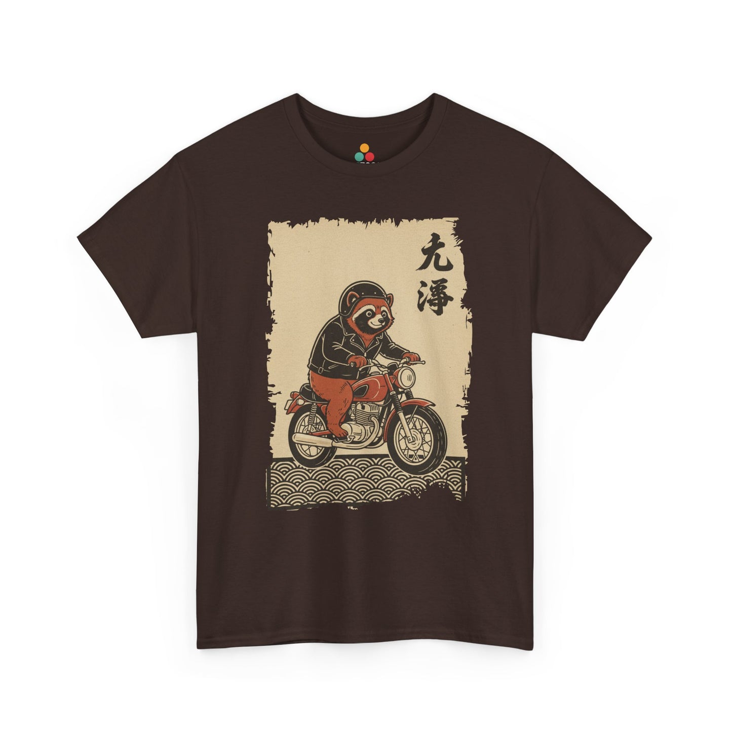 Vintage Japanese ukiyo-e style raccoon biker on motorcycle with wave pattern On A Brown Tee shirt