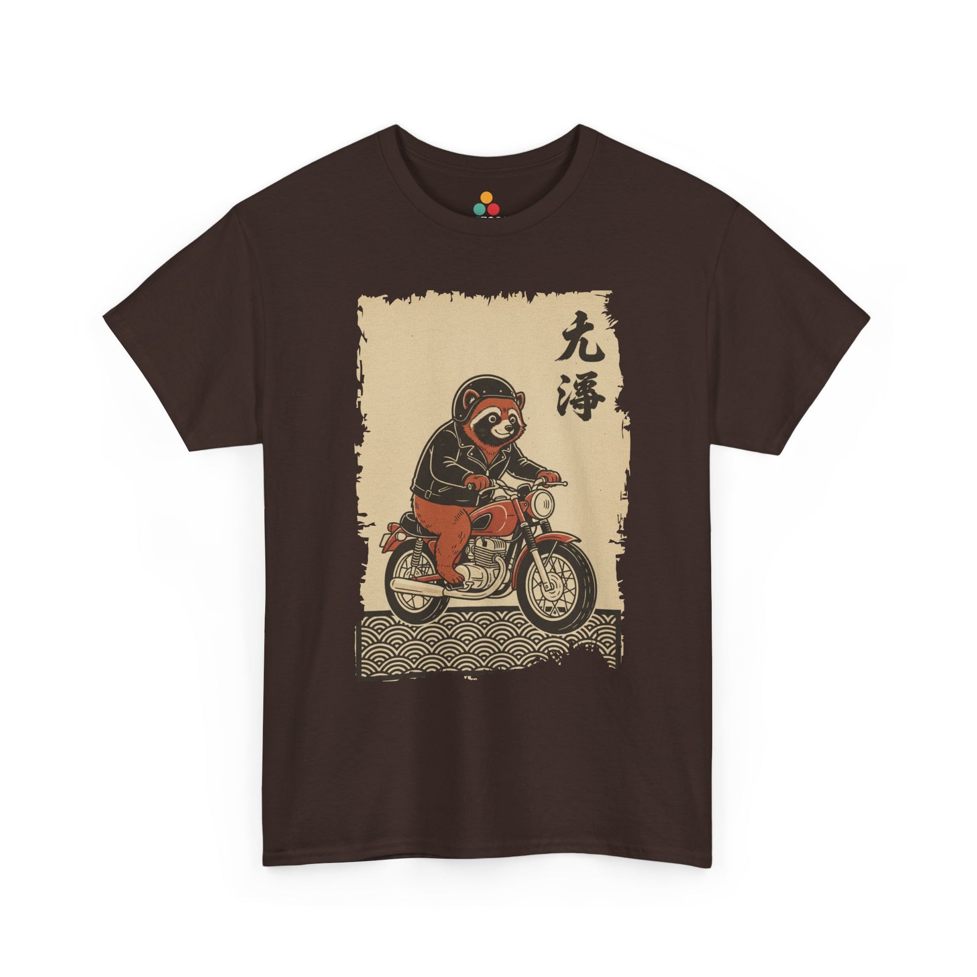 Vintage Japanese ukiyo-e style raccoon biker on motorcycle with wave pattern On A Brown Tee shirt