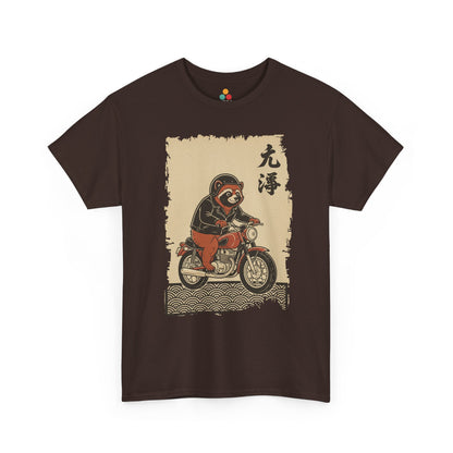 Vintage Japanese ukiyo-e style raccoon biker on motorcycle with wave pattern On A Brown Tee shirt