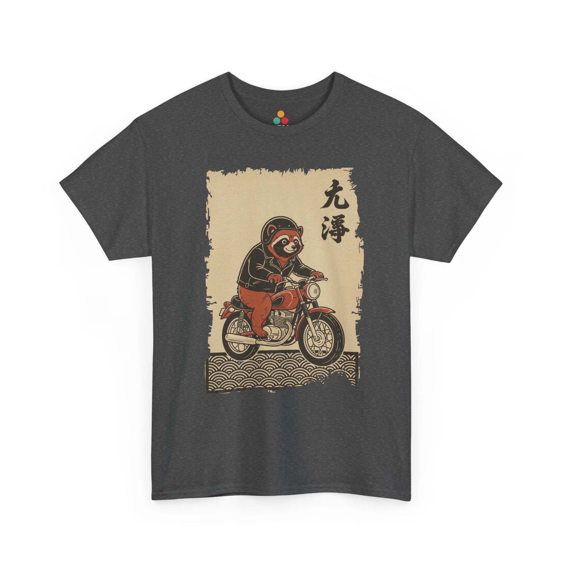 Vintage Japanese ukiyo-e style raccoon biker on motorcycle with wave pattern On A Gray forest Tee shirt