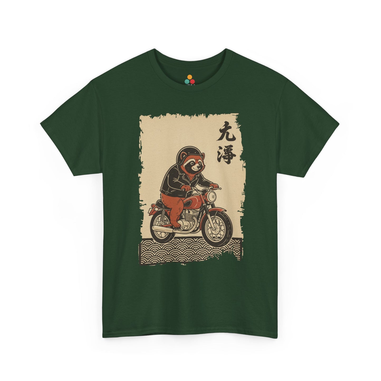 Vintage Japanese ukiyo-e style raccoon biker on motorcycle with wave pattern On A Green forest Tee shirt