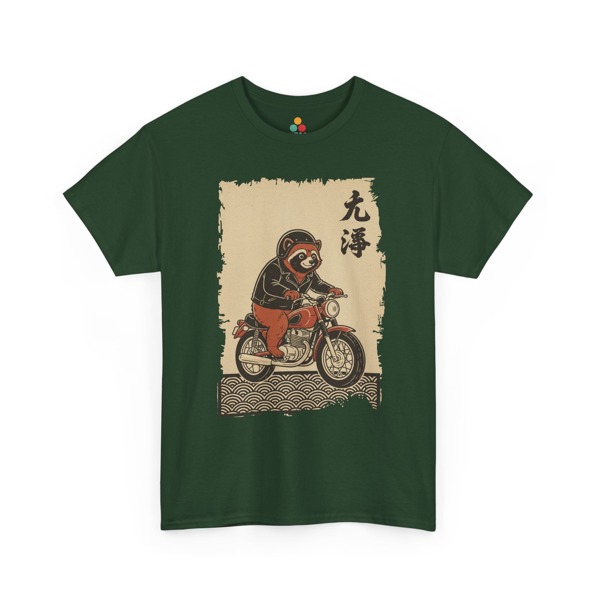 Vintage Japanese ukiyo-e style raccoon biker on motorcycle with wave pattern On A Green forest Tee shirt