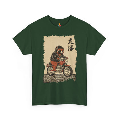Vintage Japanese ukiyo-e style raccoon biker on motorcycle with wave pattern On A Green forest Tee shirt