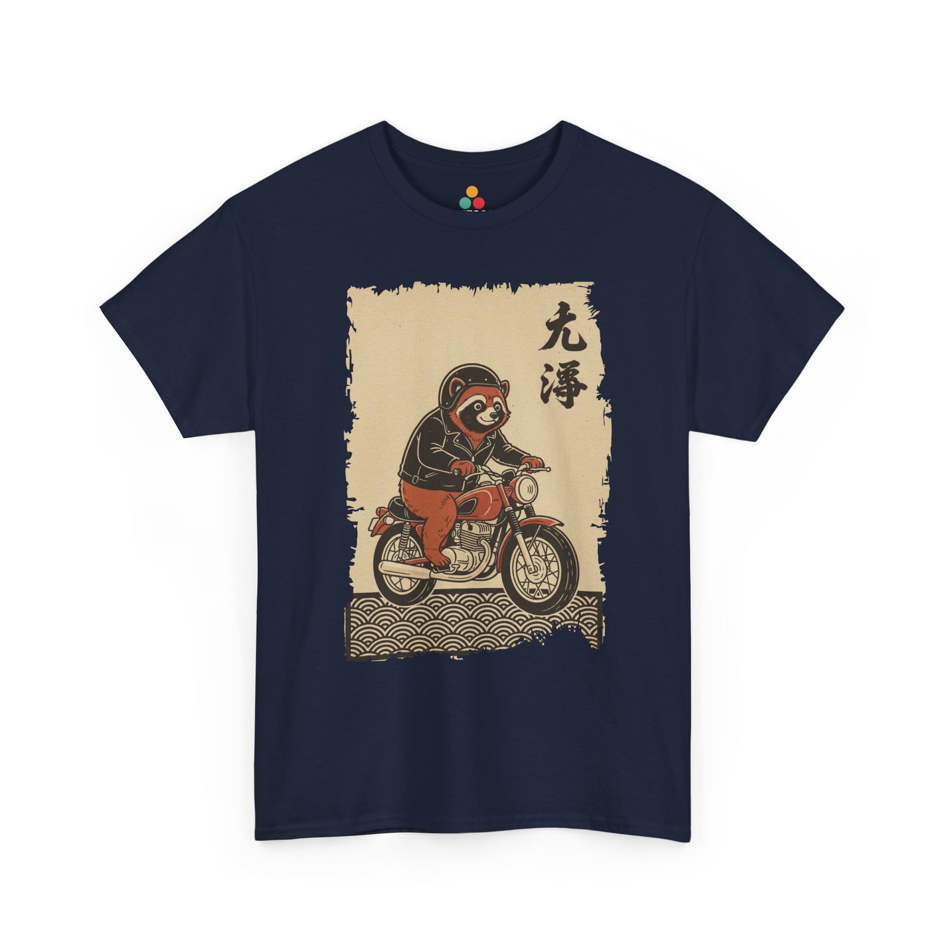 Vintage Japanese ukiyo-e style raccoon biker on motorcycle with wave pattern On A Navy forest Tee shirt