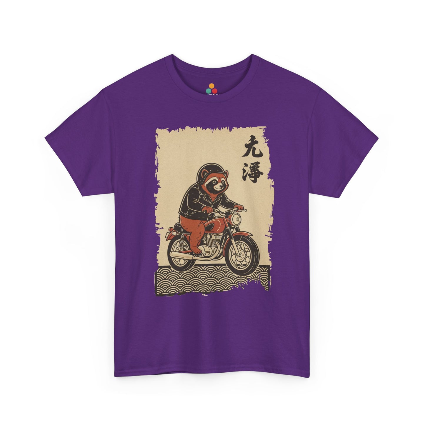 Vintage Japanese ukiyo-e style raccoon biker on motorcycle with wave pattern On A Purple Tee shirt