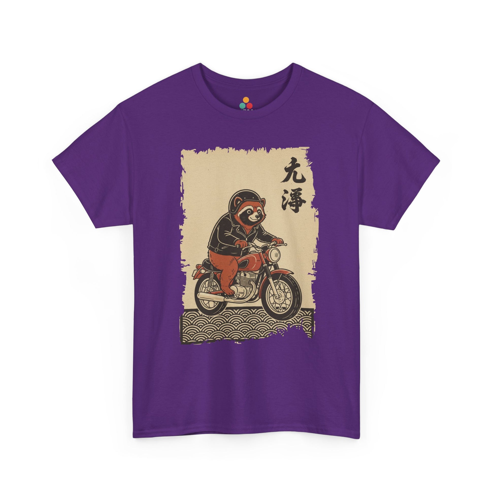 Vintage Japanese ukiyo-e style raccoon biker on motorcycle with wave pattern On A Purple Tee shirt