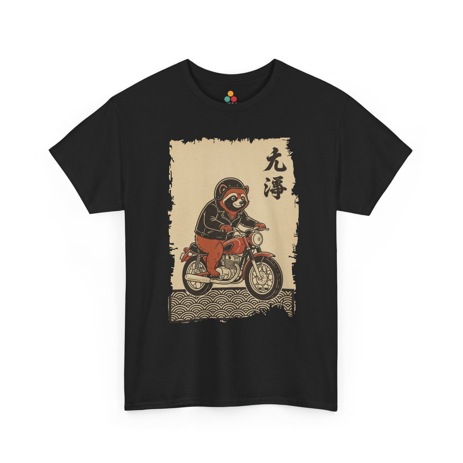 Vintage Japanese ukiyo-e style raccoon biker on motorcycle with wave pattern On A black Tee shirt