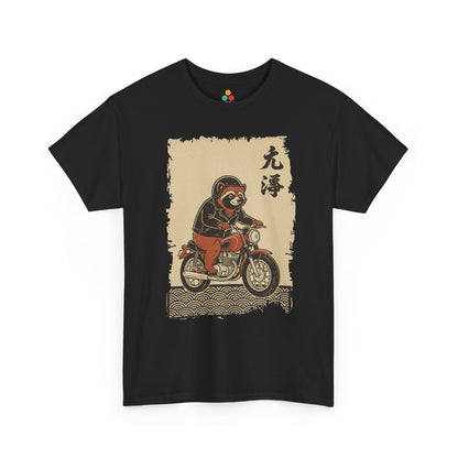 Vintage Japanese ukiyo-e style raccoon biker on motorcycle with wave pattern On A black Tee shirt