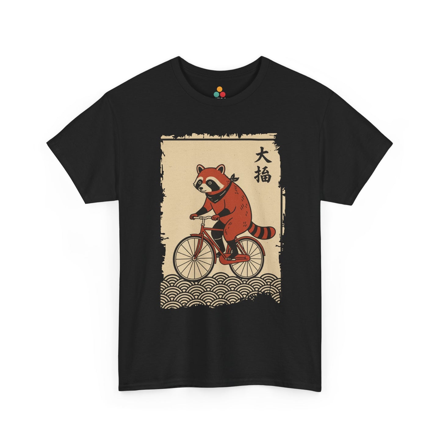 Vintage Japanese ukiyo-e style raccoon riding a bicycle in Black  tee shirt with waves and calligraphy on parchment background 