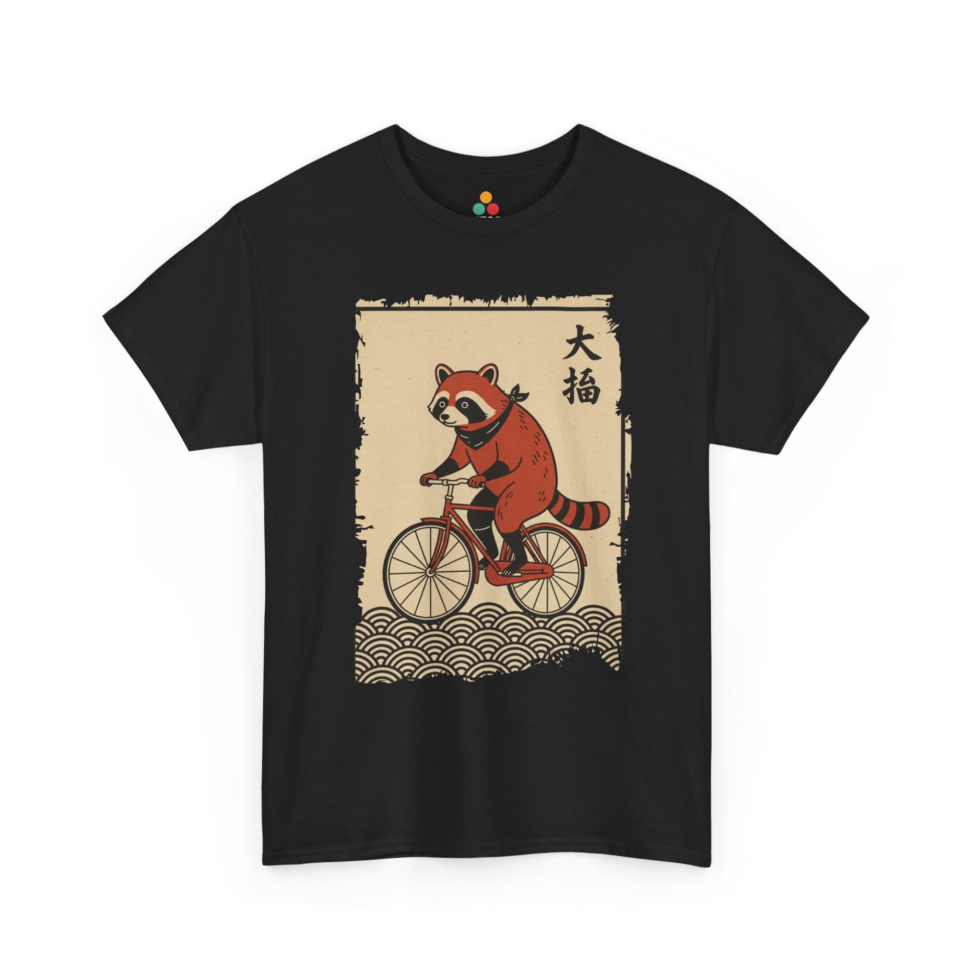 Vintage Japanese ukiyo-e style raccoon riding a bicycle in Black  tee shirt with waves and calligraphy on parchment background 