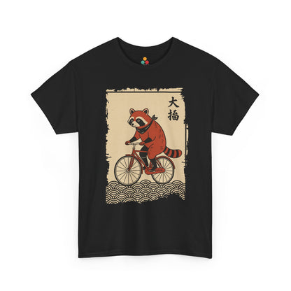Vintage Japanese ukiyo-e style raccoon riding a bicycle in Black  tee shirt with waves and calligraphy on parchment background 