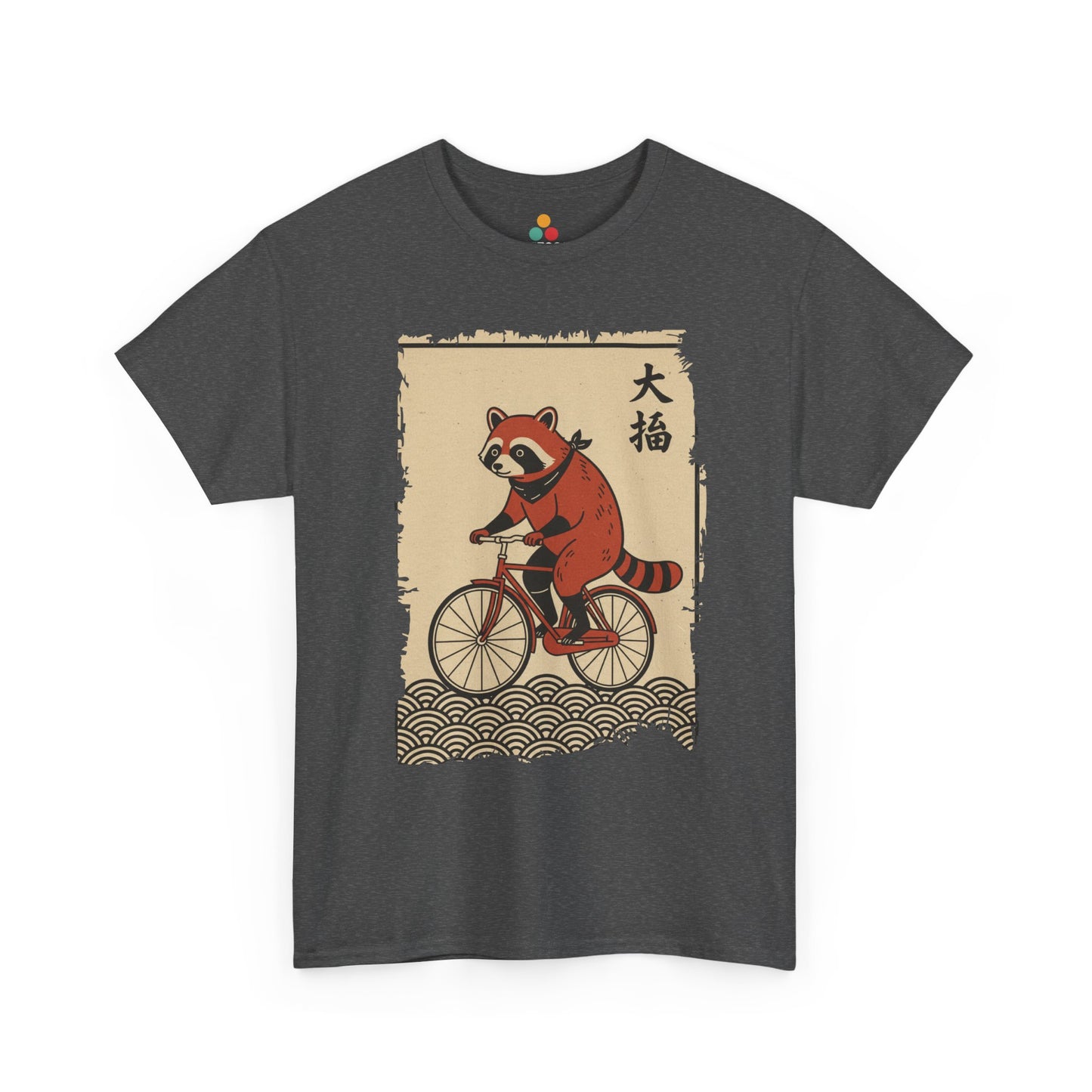 Vintage Japanese ukiyo-e style raccoon riding a bicycle in Gray  tee shirt with waves and calligraphy on parchment background 