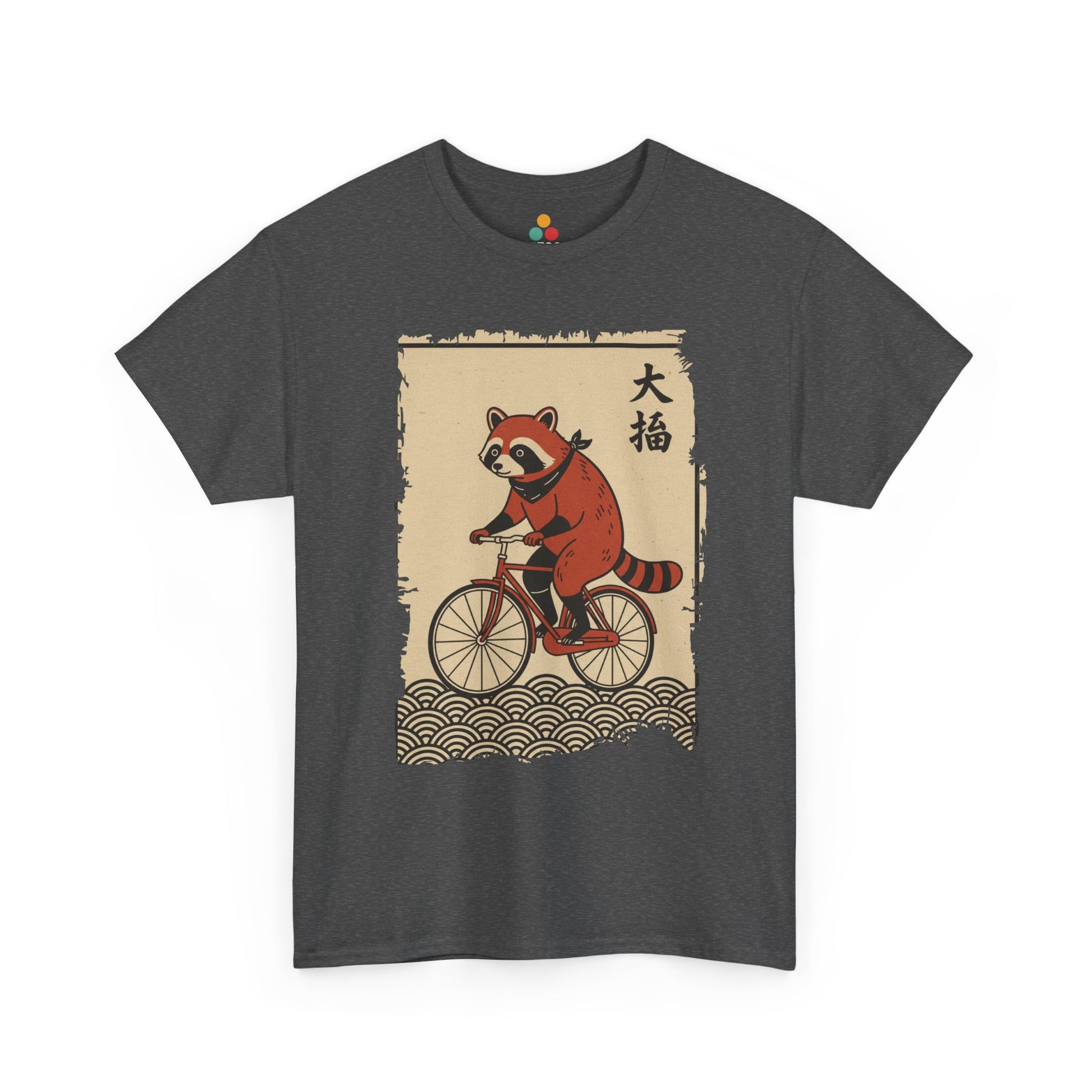 Vintage Japanese ukiyo-e style raccoon riding a bicycle in Gray  tee shirt with waves and calligraphy on parchment background 