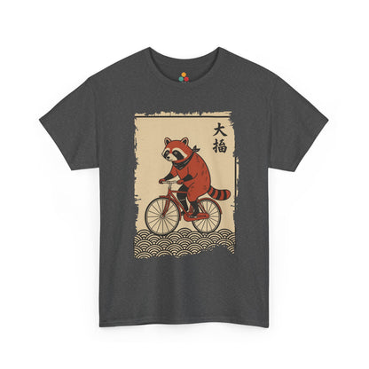 Vintage Japanese ukiyo-e style raccoon riding a bicycle in Gray  tee shirt with waves and calligraphy on parchment background 