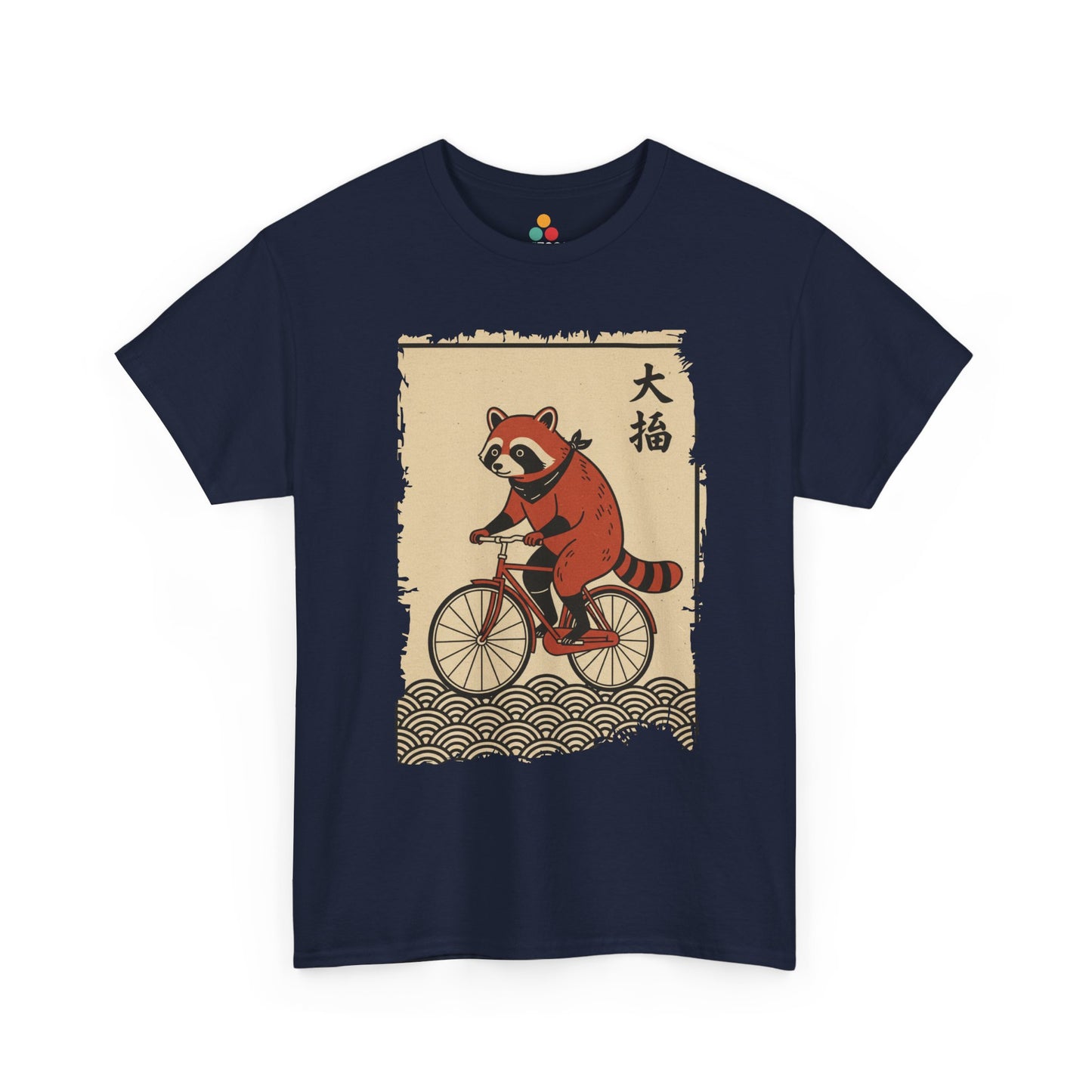 Vintage Japanese ukiyo-e style raccoon riding a bicycle in Navy  tee shirt with waves and calligraphy on parchment background 