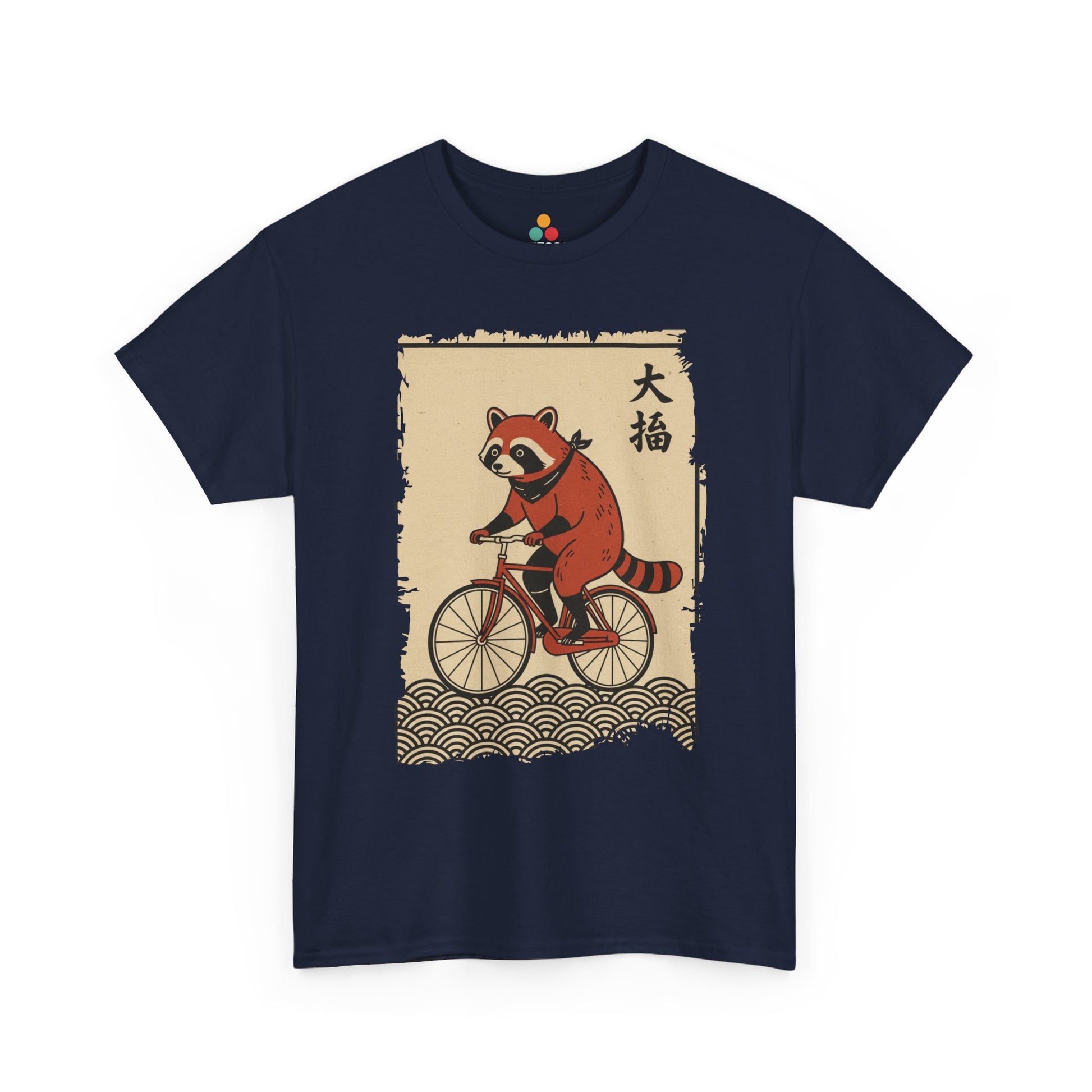 Vintage Japanese ukiyo-e style raccoon riding a bicycle in Navy  tee shirt with waves and calligraphy on parchment background 