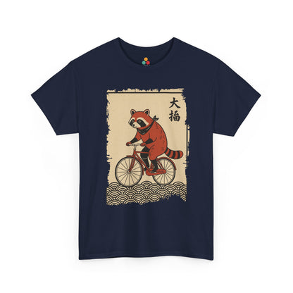 Vintage Japanese ukiyo-e style raccoon riding a bicycle in Navy  tee shirt with waves and calligraphy on parchment background 