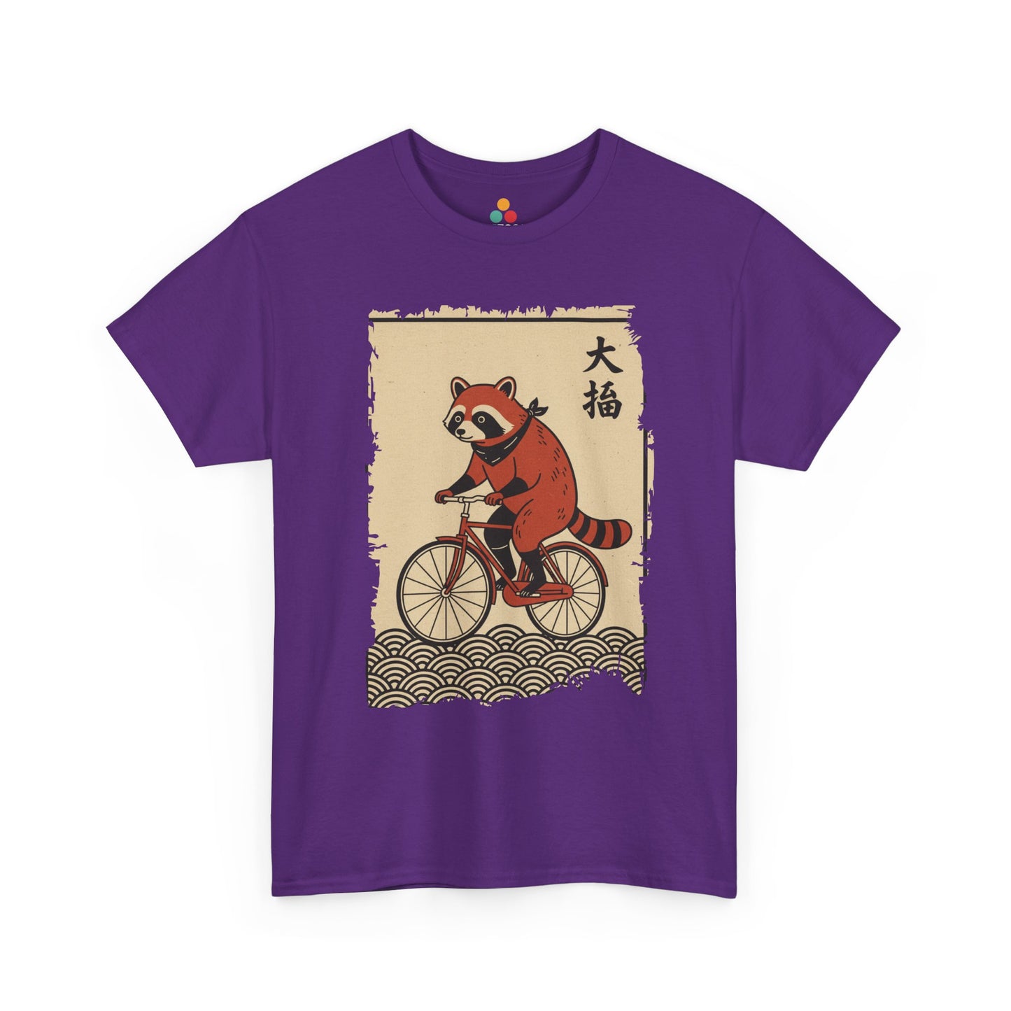 Vintage Japanese ukiyo-e style raccoon riding a bicycle in Purple  tee shirt with waves and calligraphy on parchment background 