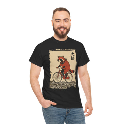 Vintage Japanese ukiyo-e style raccoon riding a bicycle in Purple  tee shirt with waves and calligraphy on parchment background men