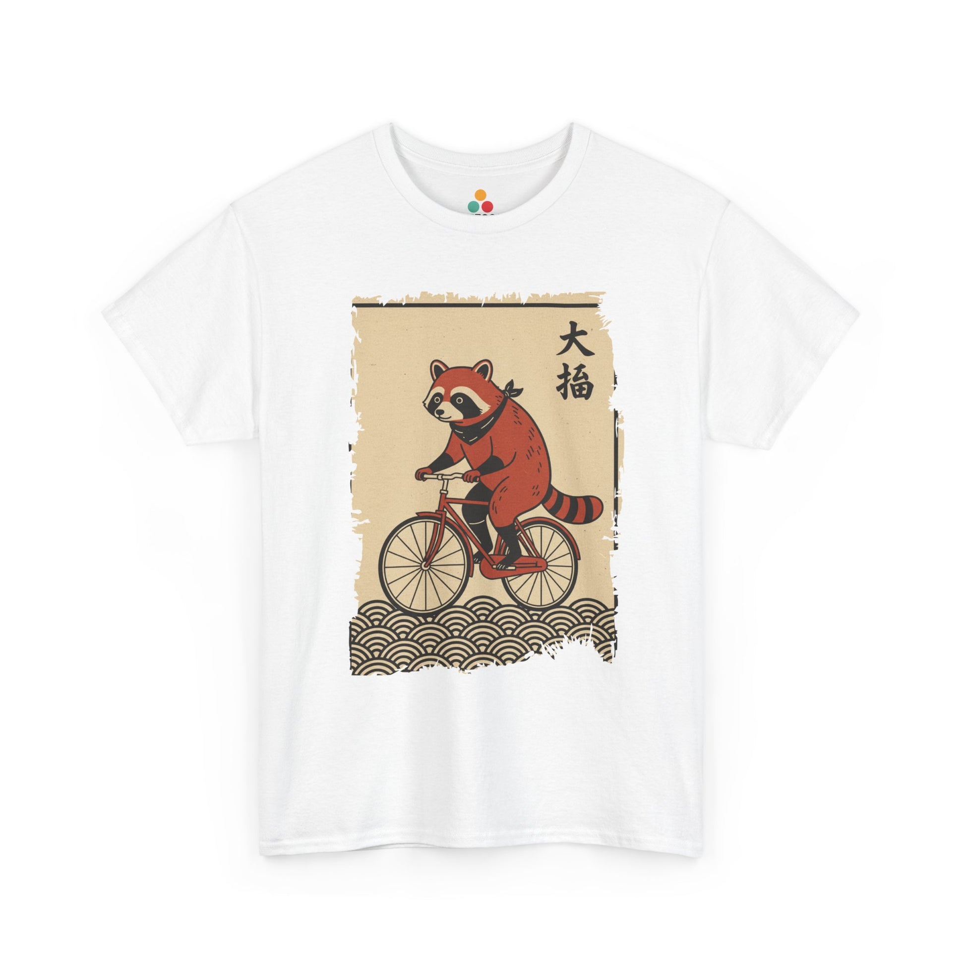 Vintage Japanese ukiyo-e style raccoon riding a bicycle in white  tee shirt with waves and calligraphy on parchment background 