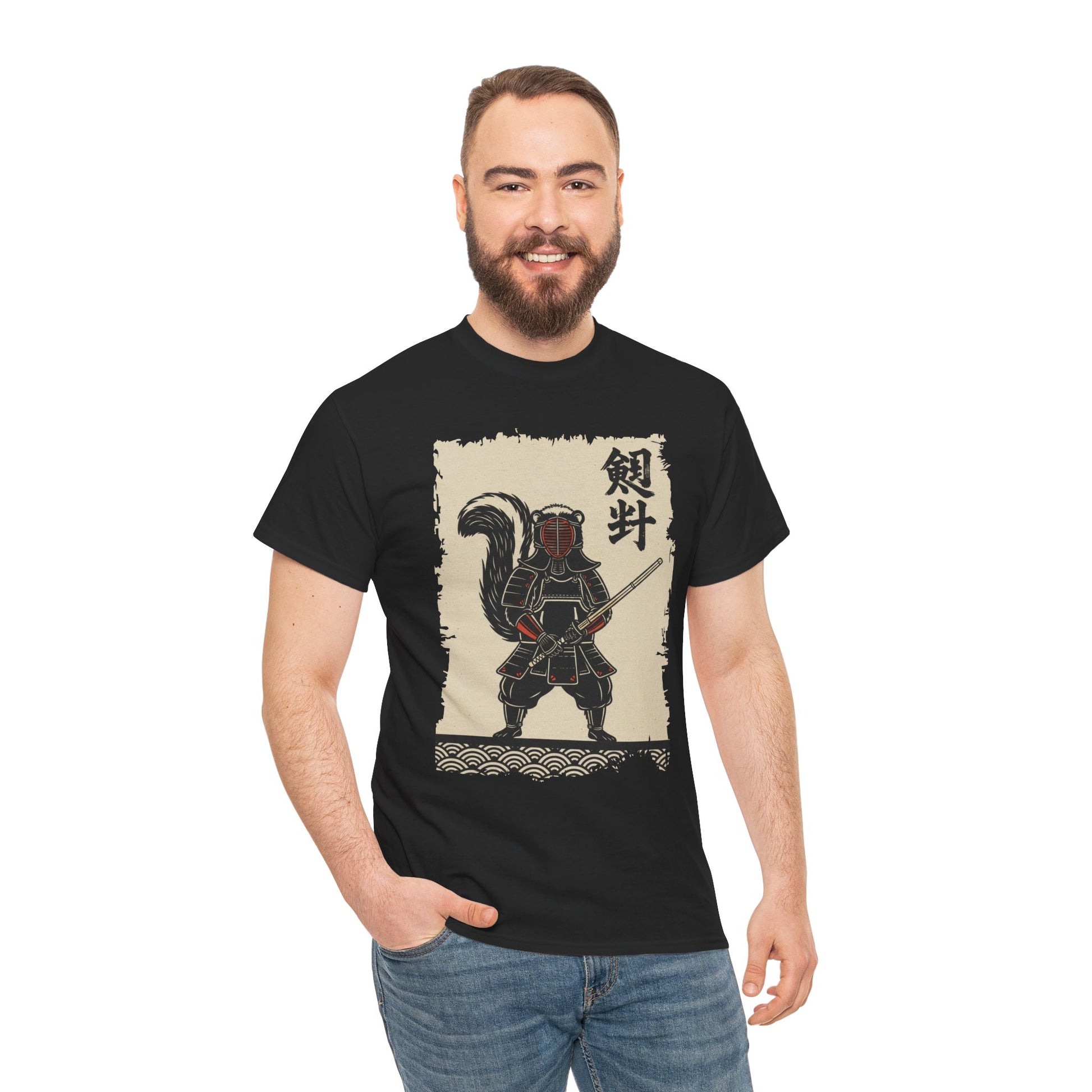 Vintage Japanese ukiyo-e style skunk samurai kendo warrior with wave pattern Black Tee shirt