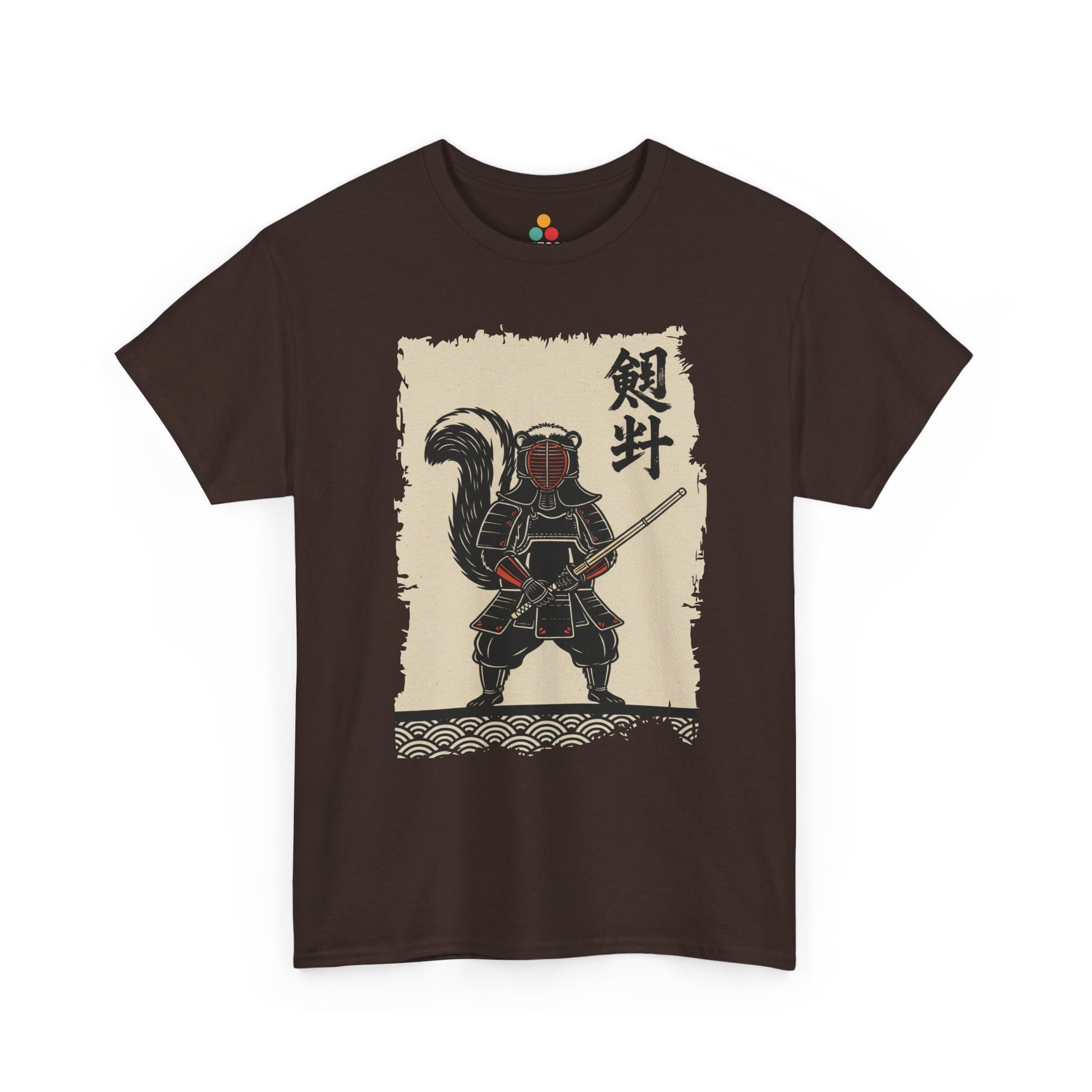 Vintage Japanese ukiyo-e style skunk samurai kendo warrior with wave pattern Brown Tee shirt